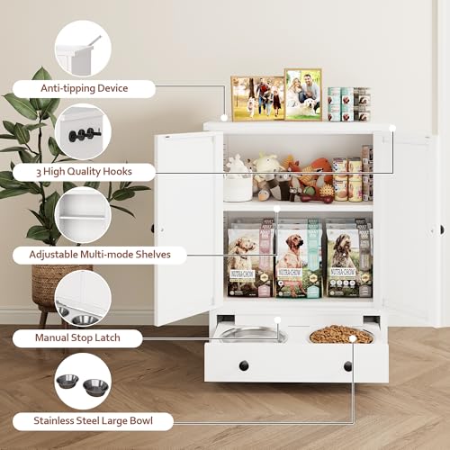 Dog Feeding Station with Storage, Metal Dog Food Storage Cabinet with 2 Elevated Bowls and 3 Hooks, Pet Feeding Station and Dogs Food Storage Organizer, White - size: Metal White