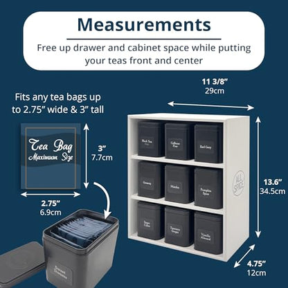 AllSpice Tea Organizer Rack with 9 Tins & 160 Magnetic Labels – Perfect for Bagged & Loose Leaf Tea Organization - White - color: White