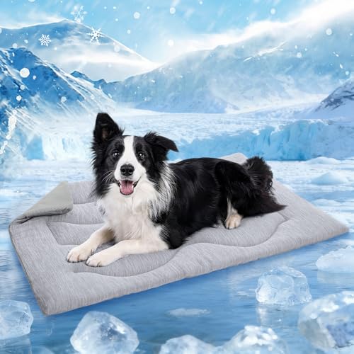 Queenmore Cooling Dog Mat for Dogs, Washable Dog Cooling Mat Indoor Outdoor, Non-Slip Portable Kennel Puppy Bed for Summer, Keep Your Pet Cool (Grey Wave, Large(35" x 27")) - color: Grey Wave, size: Large