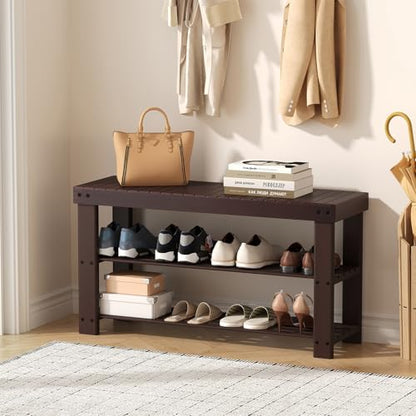 Sweetcrispy Shoe Rack Bench, 3-Tier Bamboo Entryway Storage Organizer, 286lb Capacity, Shoes Stand for FrontDoor Entrance, Bedroom, Living Room, Bathroom, Balcony, 35 Inches Length, Brown