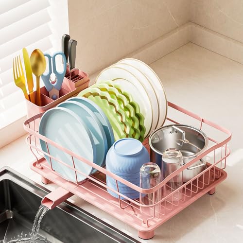 AIDERLY Auto Drain Metal Dish Drying Rack Dish Drainers, Pink | with Draining Tray, Strainer, for Kitchen Counter, Sink - color: Pink