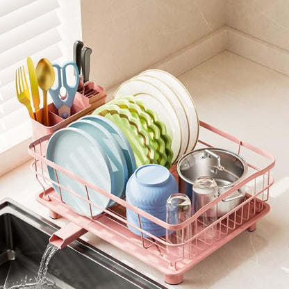 AIDERLY Auto Drain Metal Dish Drying Rack Dish Drainers, Pink | with Draining Tray, Strainer, for Kitchen Counter, Sink - color: Pink