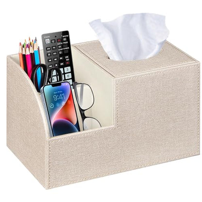 PU Leather Square Tissue Box Cover - Multi-Functional Tissue Box Holder, Tissue Box Cover with Storage,Tissue and Remote Control Holder, Cube Tissue Box Organizer Bedroom Nightstand End Table - color: Beige