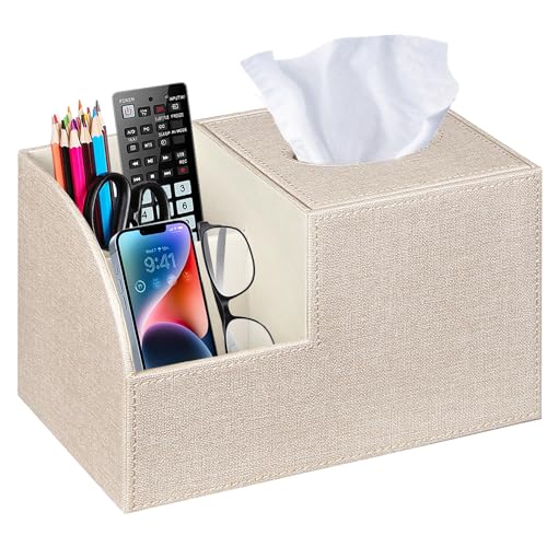 PU Leather Square Tissue Box Cover - Multi-Functional Tissue Box Holder, Tissue Box Cover with Storage,Tissue and Remote Control Holder, Cube Tissue Box Organizer Bedroom Nightstand End Table - color: Beige