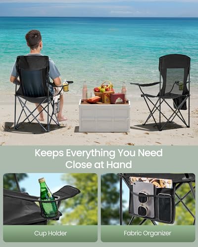 SONGMICS 2 Pack Breathable Camping Chairs, 330 lb Capacity Foldable Outdoor Chairs, High Back, Adjustable Armrests & Cup Holder, for Sports Garden Backyard, Ink Black UGCB028B02 - color: Black, style: 2PC (20.3"D x 34"W x 38.2"H)