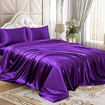 Homiest 3pcs Satin Sheets Set Luxury Silky Satin Bedding Set with Deep Pocket, 1 Fitted Sheet + 1 Flat Sheet + 1 Pillowcase (Twin XL Size, Purple) - color: Purple, size: Deep pocket - Twin XL size