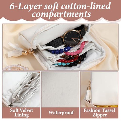 Nogeqi Small Travel Jewelry Case Organizer, Mini Travel Jewelry Pouch Bag for Women, Portable Jewelrys Storage Bag with Zipper for Necklaces Bracelets Earrings Rings Gemstones Storage (Cream White)