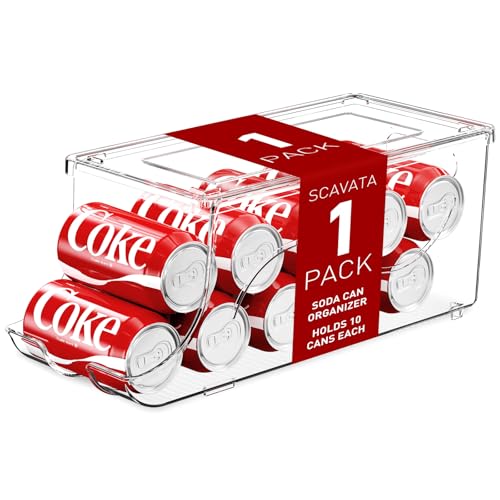 SCAVATA Stackable Refrigerator Organizer, Soda Can Dispenser Pop Cans Container Beverage Holder with Lid for Fridge, Freezer, Kitchen, Clear Plastic Storage Bins-Holds 10 Cans Each (One) - color: One