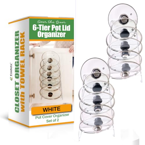Evelots 6 Pot Lid Organizer for Cabinet or Pantry Wall - Cupboard Door Pots and Pans Organizer - Glass or Metal Pan Covers Cabinet Organizer - Rack Hanger Dividers - Set of 2 - size: Set of 2, style: White - Cabinet/Wall Mounted