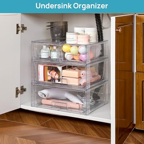 Vtopmart 5 Pack Stackable Storage Drawers, Easily Assemble Clear Plastic Organizer Bins, 3 Wide Drawers and 2 Small Drawers for Pantry, Kitchen Cabinet, Bathroom, Closet Organization and Storage - style: 3 Wide+2 Small