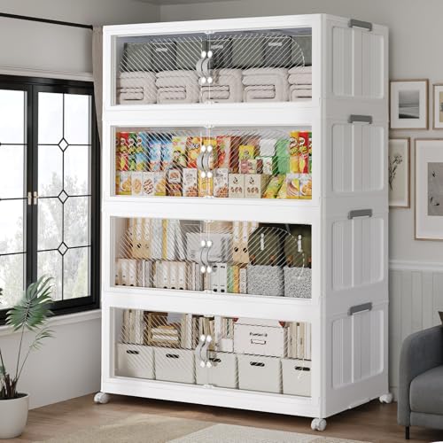 120GAL/480QT Plastic Storage Bins with Lids & Wheels, Collapsible Stackable Storage Boxes, Large Folding Cabinet Organizers for Closet Home Kitchen Office, 4Pack White - color: White, size: 30Gal-4Pack