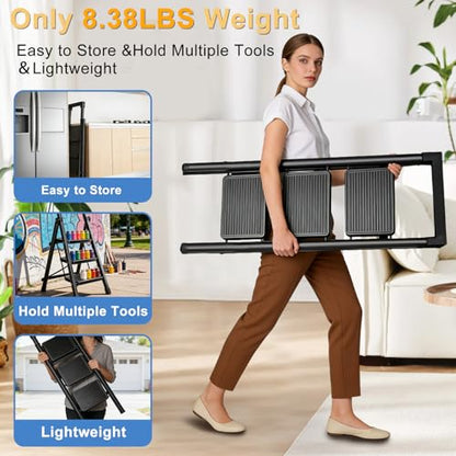 3 Step Ladder with Handrail Folding Step Stool with Tool Tray | 500LBS Capacity Sturdy Carbon Steel Frame Anti-Slip Stripe Pedal for Home Kitchen Garage (black-3step) - color: Black-tool, size: 3 step