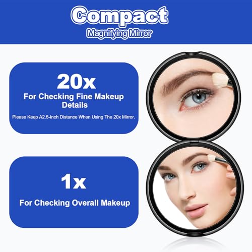 Lusofie 1X / 20X Small Magnifying Mirror Black Portable Travel Magnifying Mirror Round Small Pocket Mirrors for Men Women 3 Inch