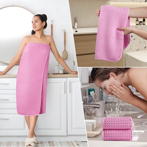 POLYTE 430 GSM Microfiber Quick Dry Lint Free Oversize Bath Towel Set, 6 Piece (Waffle Weave) - color: Pink