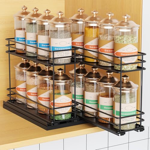 Mystozer Pull Out Spice Rack Organizer for Cabinet, Slide Out Spice Racks, Easy to Install, 7.08" Wx10.43 Dx8.26 H, 2 Drawers 2 Tiers(Black) - color: Black, size: 7.1" - 2 Drawers (3.3" each drawer)