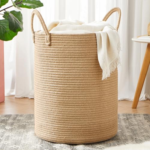 15Dx20H Inches Jute Woven Laundry Hamper Basket Wicker Rope Clothes Hamper Tall Rattan Blanket Basket in Living Room Bedroom 62L Large Capacity - color: Jute, size: Large (62L)