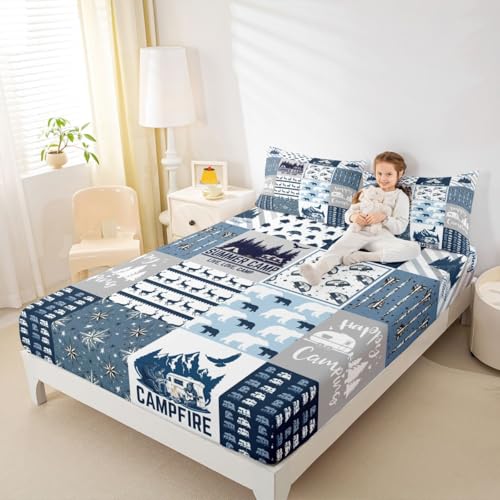 Happy Camping Fitted Sheet Queen Size for Boys Kids Teens, Camper Bedding Set, Rustic Farmhouse Style Fitted Bed Sheets, Sketch Drawing Camper Bedding, Camping Car Sheet with Deep Pocket, Blue - color: Multi 0218, size: Queen (No Top/Flat Sheet)