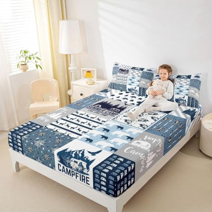 Happy Camping Fitted Sheet Queen Size for Boys Kids Teens, Camper Bedding Set, Rustic Farmhouse Style Fitted Bed Sheets, Sketch Drawing Camper Bedding, Camping Car Sheet with Deep Pocket, Blue - color: Multi 0218, size: Queen (No Top/Flat Sheet)