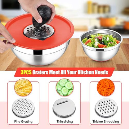 E-far Stainless Steel Mixing Bowls with Lids Set, 5-Piece Nesting Salad Bowls with 3 Grater Attachments and Non-Slip Bottoms, Size 4.6, 2.6, 2, 1.5, 1QT for Kitchen (Red) - color: Red, size: 5 Regular Sizes