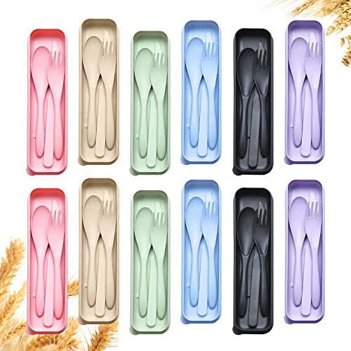 YDYTOP Reusable Travel Utensils Set with Case, 12 Sets Wheat Straw Portable Knife Fork Spoons Cutlery, Eco-Friendly BPA Free Plastic Tableware for Kids Adults School Lunch Party Picnic and Camping - color: 12 Sets - Pink, Nordic Green, Nordic Blue, Nordic