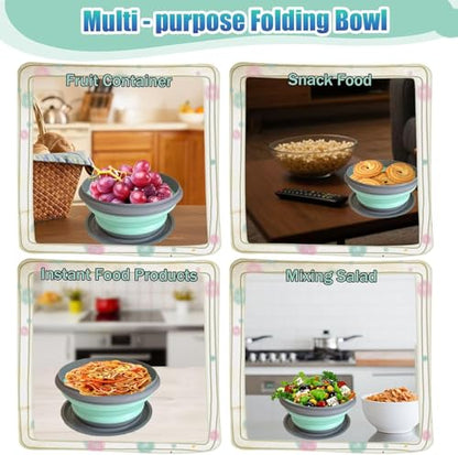Collapsible Camping Bowl with Lid, Silicone Salad Bowl Serving, Microwave Foldable Soup Ramen Expandable Plates for Travel, Picnic, Rv(Blue New with Kinfe) - color: Blue-New Case with Kinfe