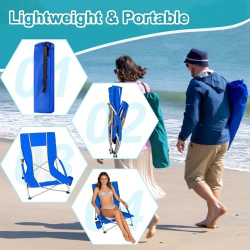 Romswi 2 Pack Lightweight Low Beach Chairs with Breathable Mesh Back, 6LBS Folding Portable Sand Chairs with Cup Holder, Heavy Duty 300lbs Capacity for Camping & Outdoor Use, Blue - color: Blue - Low Back