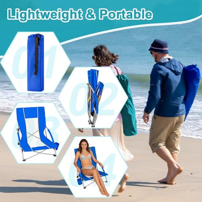 Romswi 2 Pack Lightweight Low Beach Chairs with Breathable Mesh Back, 6LBS Folding Portable Sand Chairs with Cup Holder, Heavy Duty 300lbs Capacity for Camping & Outdoor Use, Blue - color: Blue - Low Back