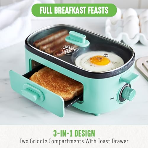 GreenLife 3-in-1 Breakfast Maker Station, Healthy Ceramic Nonstick Dual Griddles for Eggs Meat Sausage Bacon Pancakes and Breakfast Sandwiches, 2 Slice Toast Drawer, Easy-to-use Timer, Turquoise - color: Turquoise