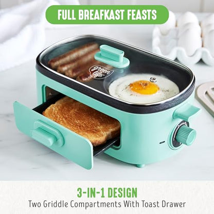 GreenLife 3-in-1 Breakfast Maker Station, Healthy Ceramic Nonstick Dual Griddles for Eggs Meat Sausage Bacon Pancakes and Breakfast Sandwiches, 2 Slice Toast Drawer, Easy-to-use Timer, Turquoise - color: Turquoise