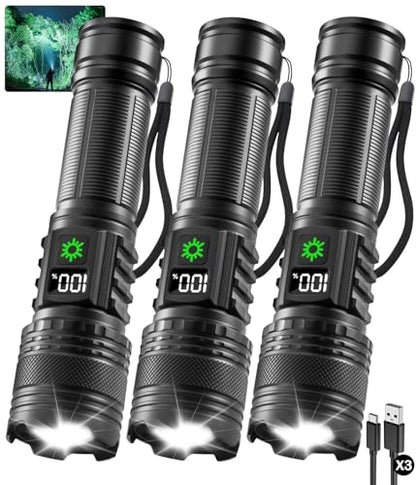 3Pack Rechargeable Flashlights High Lumens 9900FL, LED Flashlight Rechargeable with LCD Digital Display, 5Modes Adjustable Flash Light, Super Bright Flashlight Powerful, Tactical Flashlights for Home - size: 3Pack