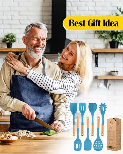 Silicone Kitchen Utensil Set for Non Stick Cookware, 7 Pcs Heat Resistant Cooking Utensils with Wooden Handle, BPA Free Kitchen Tools with Spatulas, Spoons, Skimmer and Pasta Fork (BLUE) - color: Blue