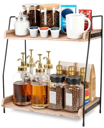 Coffee Bar Organizer for Countertop, 2-Tier Coffee Station Organizer with Metal Frame & Wooden Shelves, Coffee Accessories Organizer Rack for Pods, Syrups, Cups & Tea Bags (Brown) - color: Brown