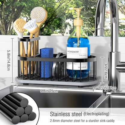 Sponge Holder for Kitchen Sink with High Brush Holder, [Stay-Dry Anywhere & No Drainage Needed] Rustproof Stainless Steel Kitchen Sink Caddy Organizer with Water Absorbing Stone Tray, Black - color: Black