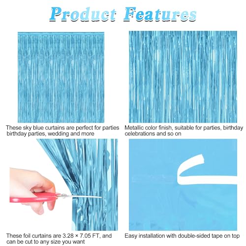 2 Pack Backdrop Curtains, 3.28 Feet x 7.05 Feet Sky Blue Tinsel Backdrop, Metallic Fringe Curtains Foil Tinsel Party Streamer, Winter Backdrop Happy Birthday Party Supplies - color: Sky blue, size: 2 PCS