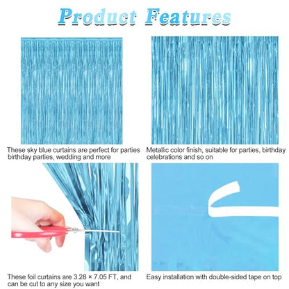 2 Pack Backdrop Curtains, 3.28 Feet x 7.05 Feet Sky Blue Tinsel Backdrop, Metallic Fringe Curtains Foil Tinsel Party Streamer, Winter Backdrop Happy Birthday Party Supplies - color: Sky blue, size: 2 PCS