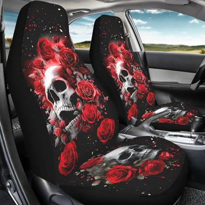 Bulopur Halloween Auto Seat Covers Front Seats Gothic Skull and Red Rose Car Seat Covers Set Car Accessories Interior Highback Bucket Covers for Most Cars - color: Gothic Skull and Red Rose