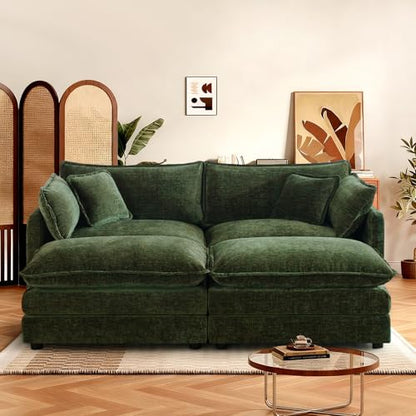 SoarFlash Chenille Sectional Sofa, Comfy Modular Coush Sofa with Ottoman, Modern 2 Seat Recliner Deep Seat Sofa Set for Living Room,Green - color: Green, size: 2 Seat+2 Ottoman