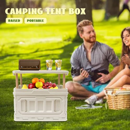 Folding Storage Box, Outdoor Portable Campings Tent, PP Folding Box Table Equipment, Camping Box with Wooden Cover 95L for Camping,Home,Car Trunk, White
