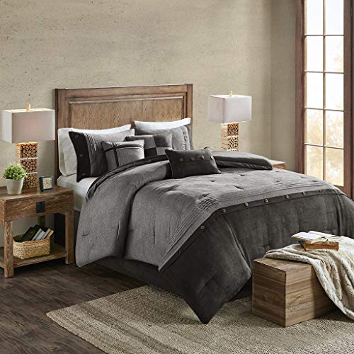 Madison Park Boone Cozy Comforter Set, Faux Suede, Deluxe Hotel Styling All Season Down Alternative Bedding Matching Shams, Decorative Pillow, King (104 in x 92 in), Rustic Grey 7 Piece Dark Grey 7pcs - color: Dark Grey, size: King (104 in x 92 in)