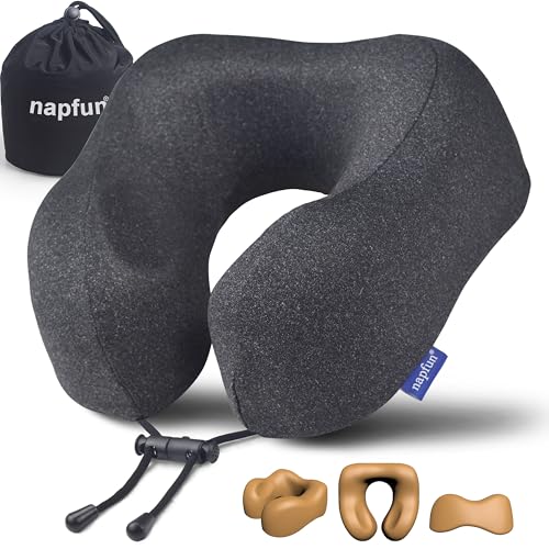 napfun Neck Pillow for Traveling, Upgraded Travel Neck Pillow for Airplane 100% Pure Memory Foam Travel Pillow for Flight Headrest Sleep, Portable Plane Accessories, Full Black - color: Black