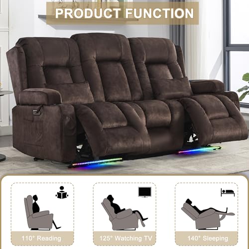 URRED Power Loveseat Recliner Sofa with Massage and Heat, Wall Hugger Reclining Loveseat with Console, RV Couch Home Theater Seating with LED Lights for Living Room (Brown, 76.8" - 3 Seats) - color: Brown, size: 76.8" - 3 Seats
