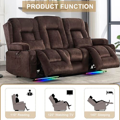 URRED Power Loveseat Recliner Sofa with Massage and Heat, Wall Hugger Reclining Loveseat with Console, RV Couch Home Theater Seating with LED Lights for Living Room (Brown, 76.8" - 3 Seats) - color: Brown, size: 76.8" - 3 Seats