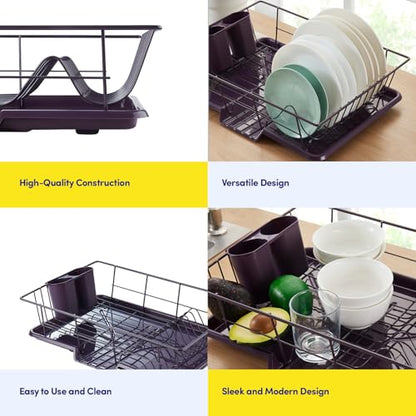 Space-Saving 3-Piece Dish Drainer Rack Set: Efficient Kitchen Organizer for Quick Drying and Storage - Includes Cutlery Holder and Drainboard - Maximize Countertop Space, Eggplant Purple - color: Eggplant Purple
