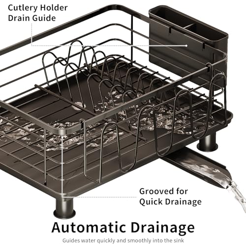 PureBox Dish Drying Rack, Rustproof Stainless Steel Kitchen Counter Organizer with Cup Holder, Utensil Caddy & Drainer Board, Space Saving, Black