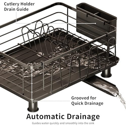 PureBox Dish Drying Rack, Rustproof Stainless Steel Kitchen Counter Organizer with Cup Holder, Utensil Caddy & Drainer Board, Space Saving, Black