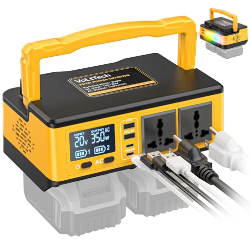 VoLtTech 350W Power Inverter Compatible with Dewalt 20V, Portable Battery Adapter Phone Charger DC 20V to AC 110-120V Camping Essentials with 2 USB-A, 2 Type-C, 2 AC & 7 Colors RGB Light (No Battery)