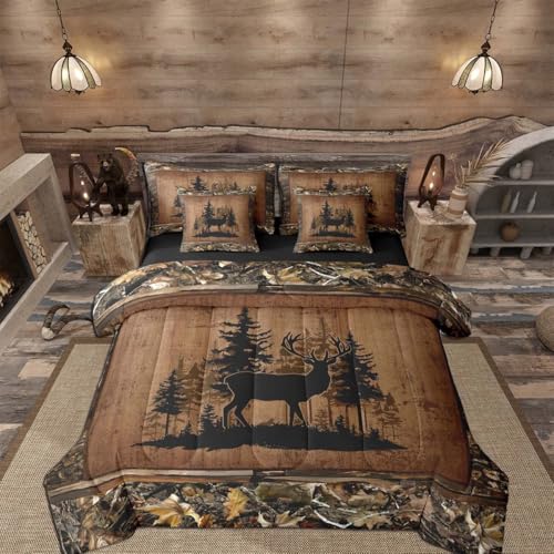 Feelyou Deer Comforter Set Twin Size 7 Pieces Deer Hunting Bedding Set Wild Animal Hunting Bed in a Bag with Comforter, Sheets, Western CabinRustic Country Farmhouse Quilted - color: Black Yellow Brown, size: Twin