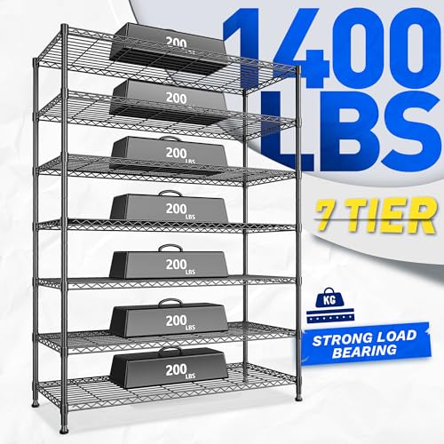 82.6H Metal Shelving Unit 7 Tier Storage Shelves Adjustable Wire Shelving Metal Wire Shelf Pantry Shelves Commercial Rack for Kitchen Pantry Utility Room Garage 45" W x 82.6''H x 13.5" D, Black - size: 45" W x 82.6''H x 13.5" D