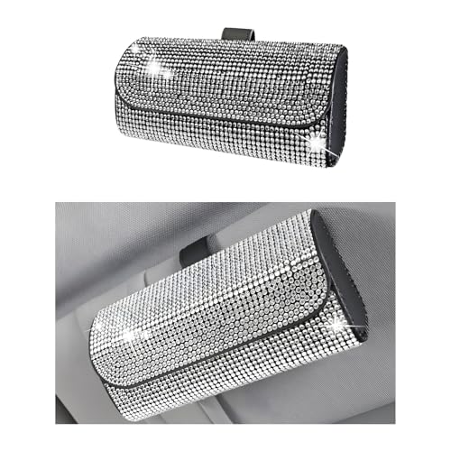 Ohleats Bling Sunglasses Holder for Sun Visor, Sparkling Glasses Sun Visor Organizer Case with Hidden Magnetic Closure, Auto Visor Crystal Eyeglasses Storage Case, Car Accessories (Bling White) - color: Bling White