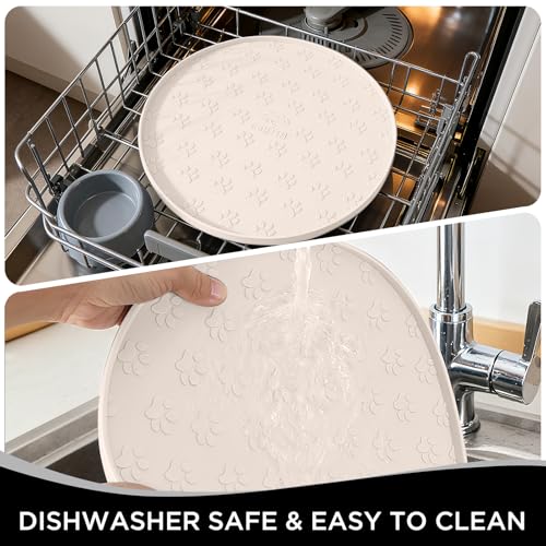 Comtim Waterproof Dog Food Mat - 2 Pack Silicone Pet Food Mat Dog Food Bowl Mats Cat Water Mats Eating Tray, Non-Slip Pet Placemat with Lip for Messy Drinkers to Protect Floor, Beige 11"×11" - color: Beige